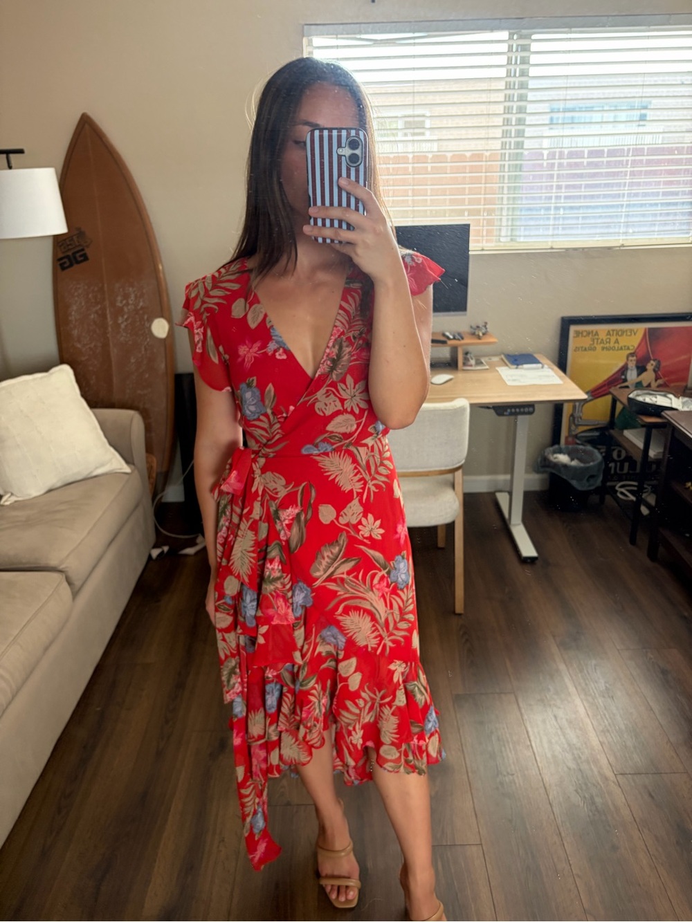 Wayf Red Floral Wrap Midi Dress with Ruffle Hem